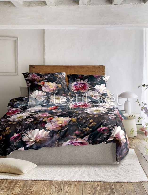 Ložní souprava bavlněný satén IRISETTE - ložní souprava bavlněný satén Irisette: pivońka na tmavém