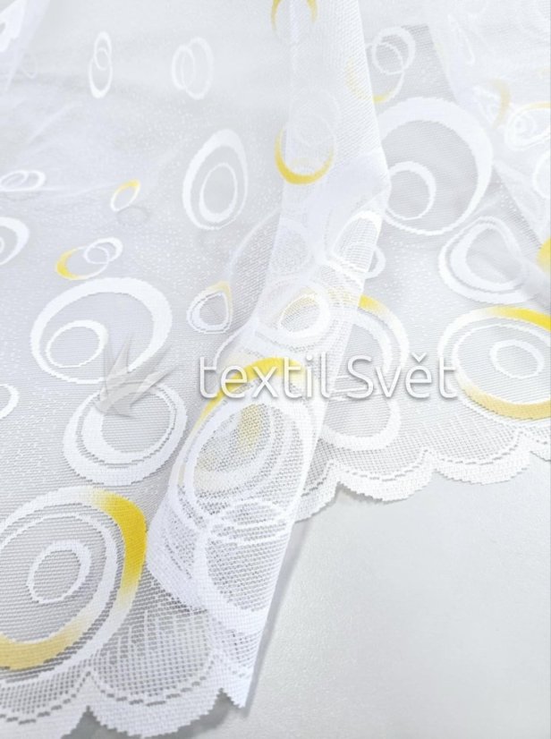 záclona pletená draperka žlutá kolečka