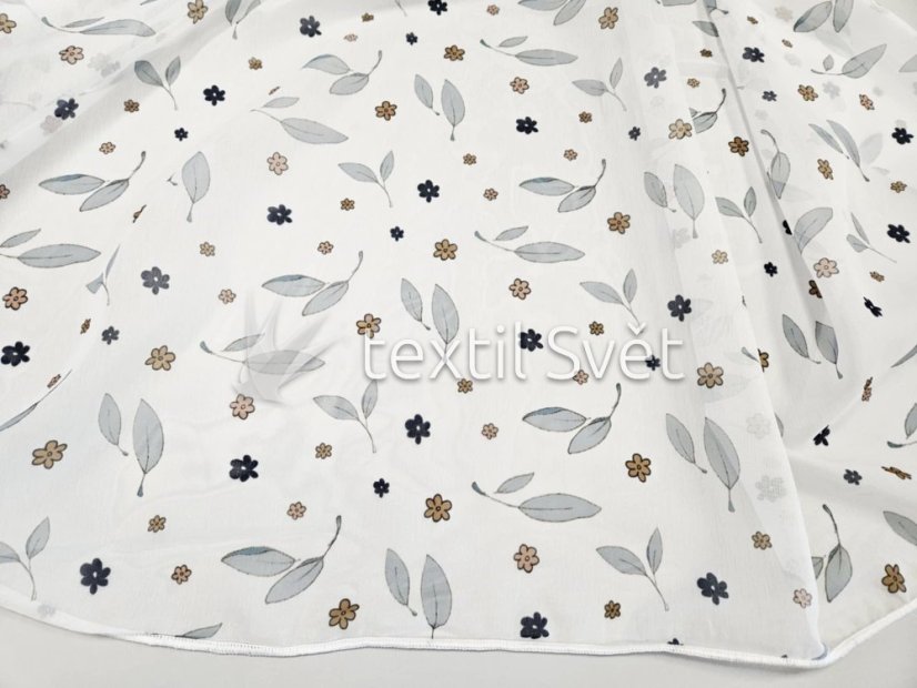 záclona tkaná s potiskem kvítků a lístků
