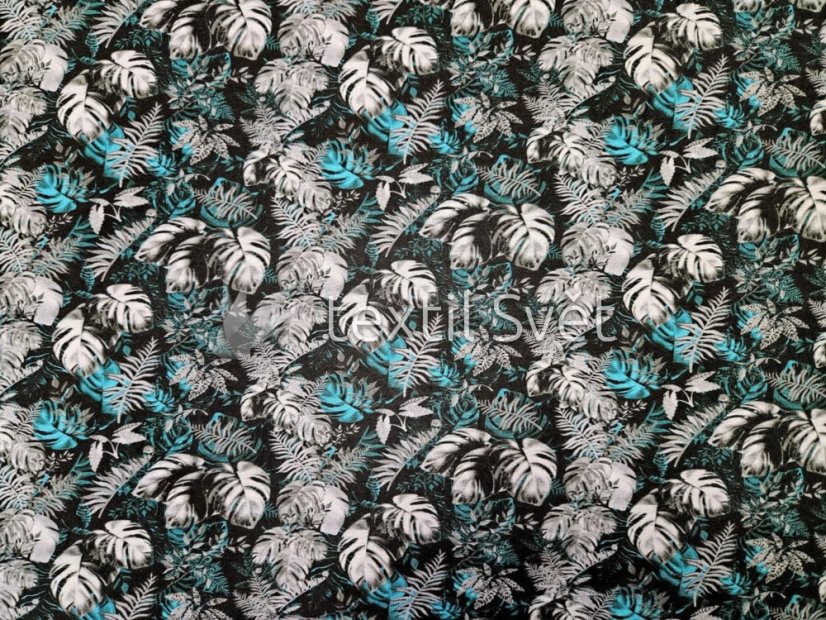 tričkoviny kytičky, listečky - tričkoviny kytičky, lístečky: šedotyrkysové listy 170 cm