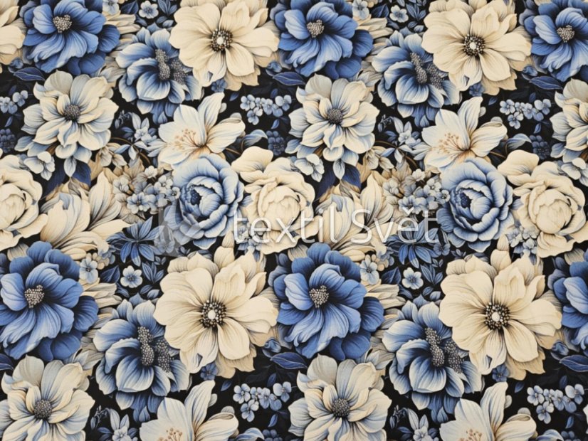 Teplákovina květiny, listy - Teplákovina vzor květinový: růže s modrými listy