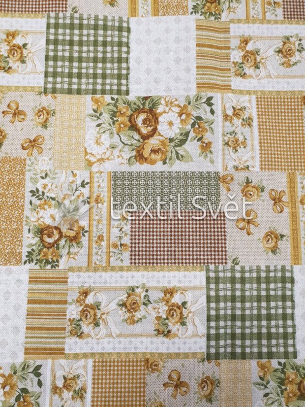 Dekorační látky směsové - dekorační látky směsové: patchwork,  žlutá růže, režná