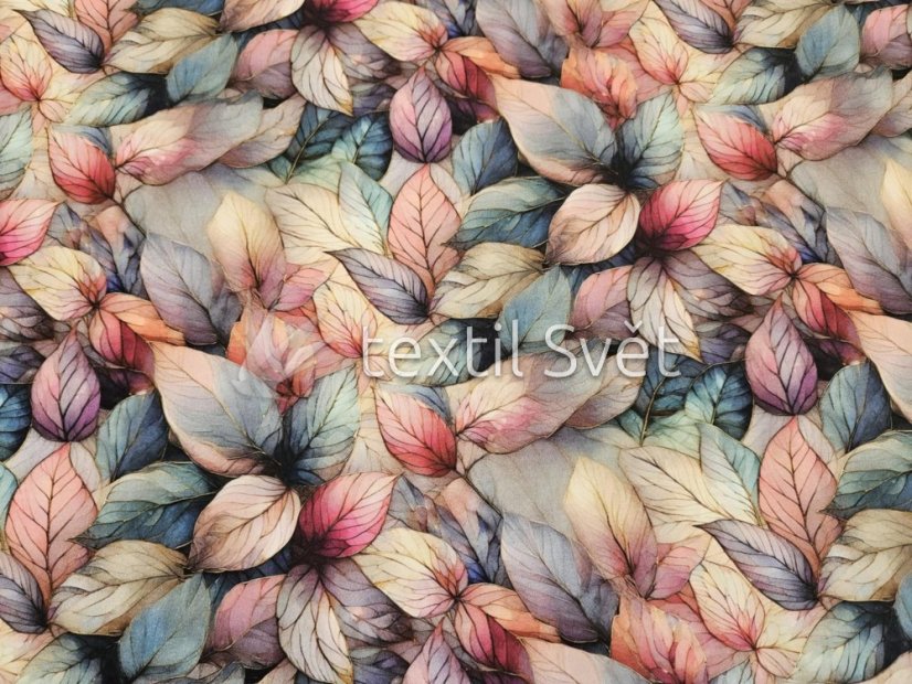 tričkoviny kytičky, listečky - tričkoviny kytičky, lístečky: modrorůžové listy 170 cm