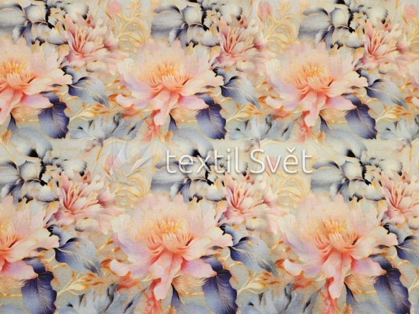 tričkoviny kytičky, listečky - tričkoviny kytičky, lístečky: střapatá pivoňka na modré 170 cm