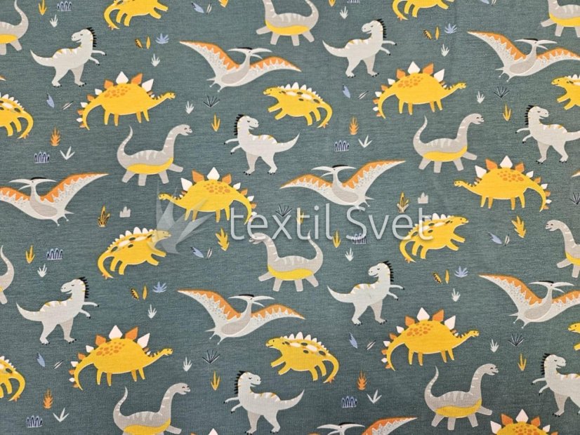 tričkoviny dětský vzor - tričkoviny dětský vzor: draci tmavězelená, žlutá