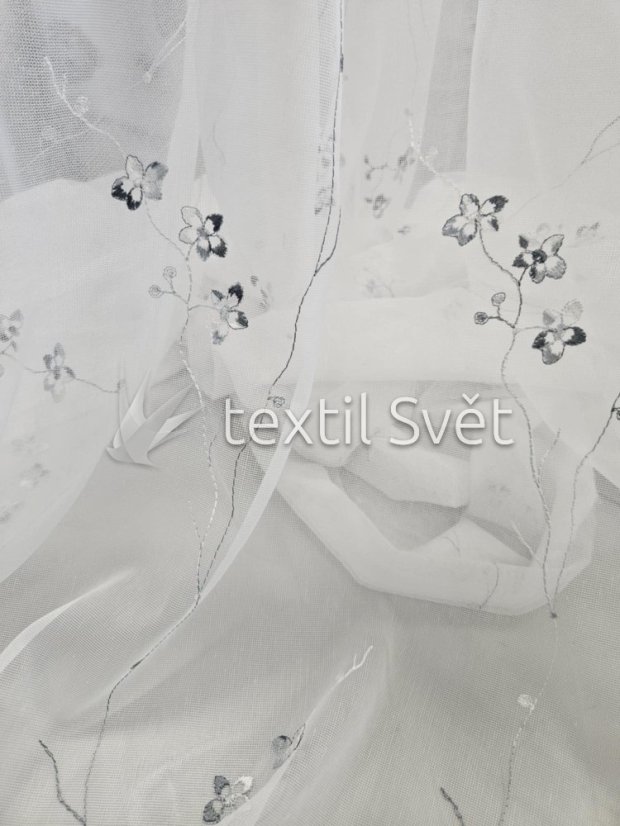 záclona tkaná vyšívka šedý kvíteček