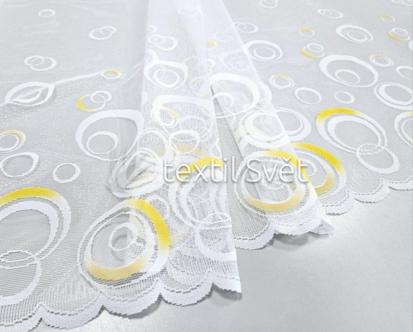 záclona pletená draperka žlutá kolečka