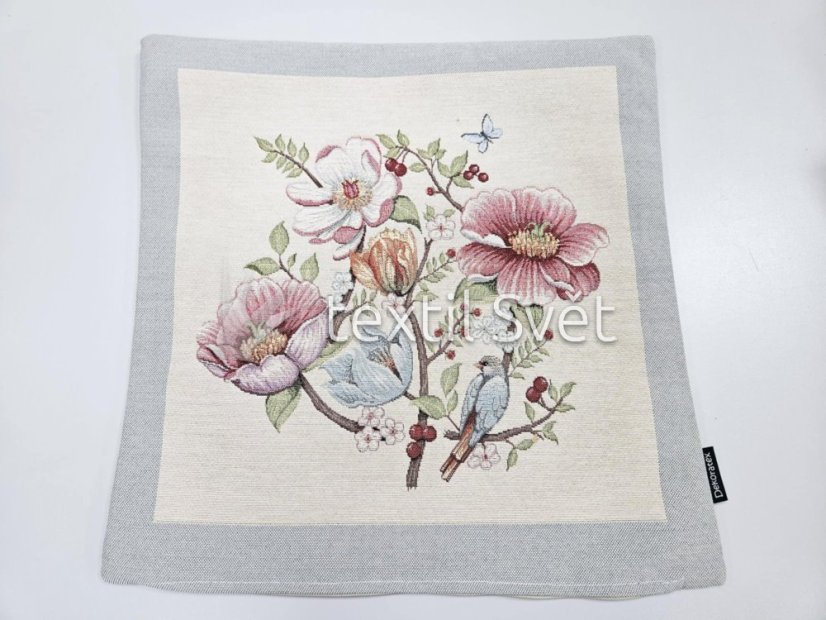 Povlak na polštářek "gobelín"- květiny, abstrakce - Povlak na polštářek GOBELÍN KVĚTINY, ABSTRAKCE: ptáček, kytky