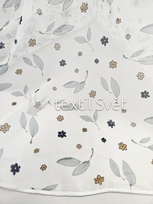 záclona tkaná s potiskem kvítků a lístků