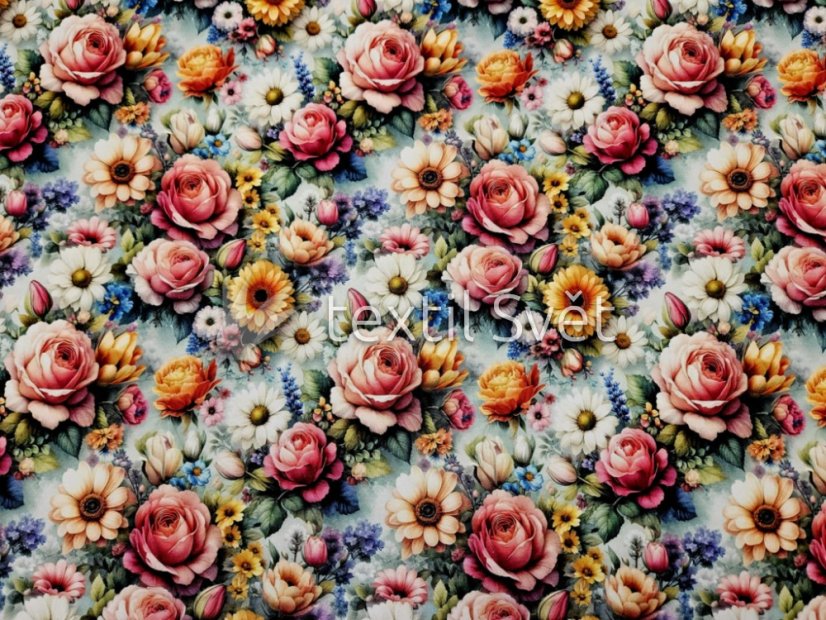 Teplákovina květiny, listy - Teplákovina vzor květinový: oranžovo modrá kytka