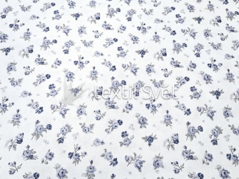 Dekorační látky směsové - dekorační látky směsové: ružičky modré, bílá