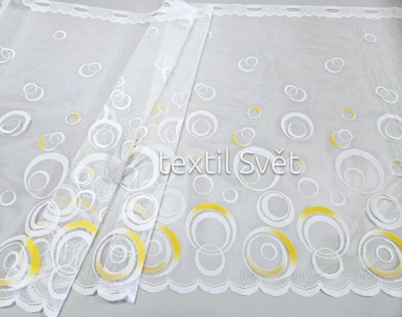 záclona pletená draperka žlutá kolečka
