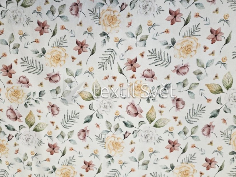 tričkoviny kytičky, listečky - tričkoviny kytičky, lístečky: žluté růžičky, lístečky