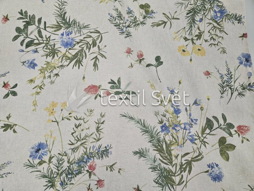 Dekorační látky směsové - dekorační látky směsové: chrpy, kytky na režné Dekorační látky směsové - dekorační látky směsové: chrpy, kytky na režné