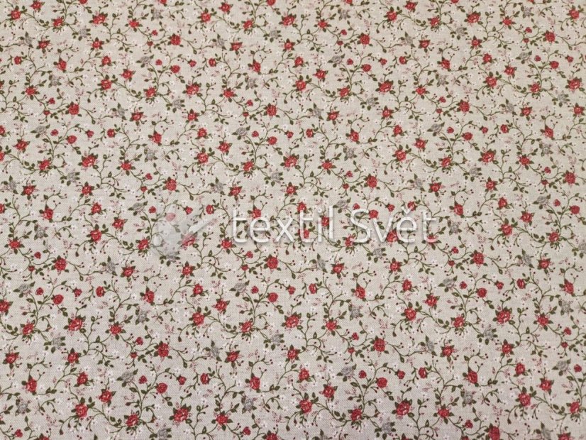 Dekorační látky směsové - dekorační látky směsové: červené kvítečky na režné