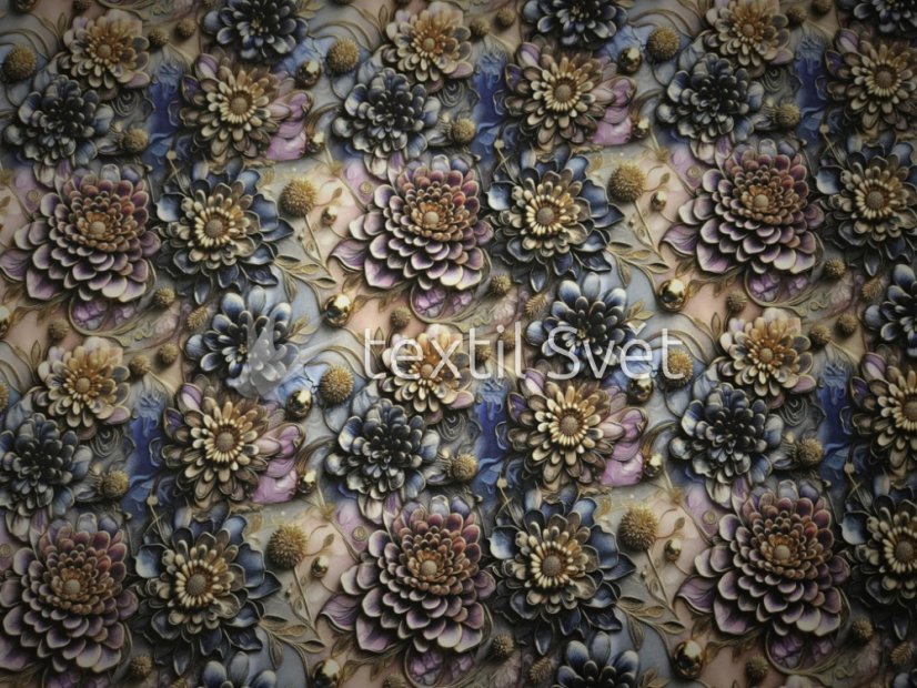 Teplákovina květiny, listy - Teplákovina vzor květinový: fialovomodré květy