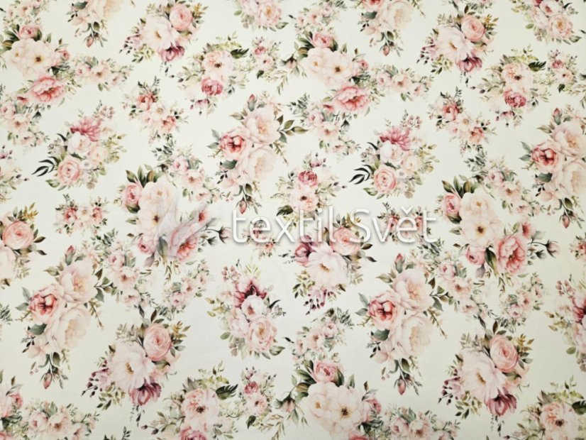 Teplákovina květiny, listy - Teplákovina vzor květinový: jemné růžové růžičky