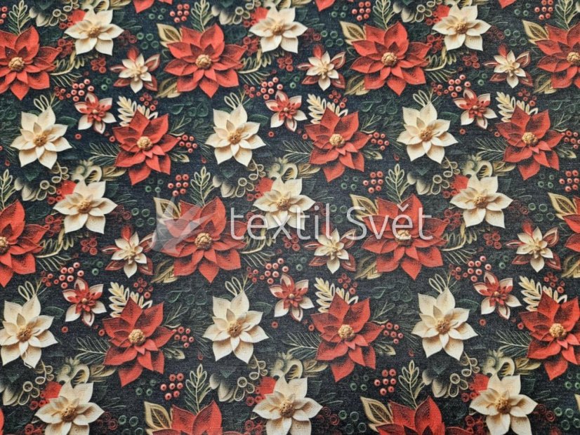 vánoční látky směsové - vánoční látky: květy na tmavém