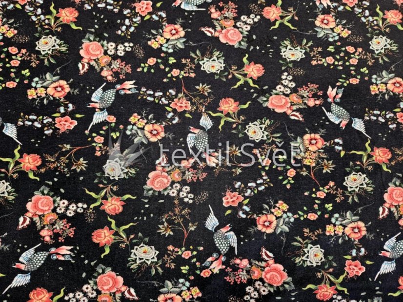 tričkoviny kytičky, listečky - tričkoviny kytičky, lístečky: růžička, ptáček na černé