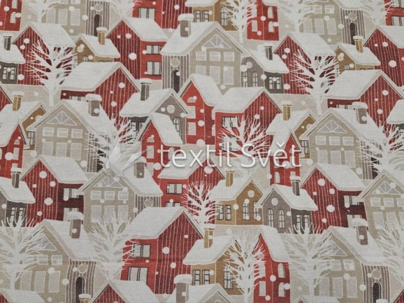 vánoční látky směsové - vánoční látky: zasněžené domečky červené