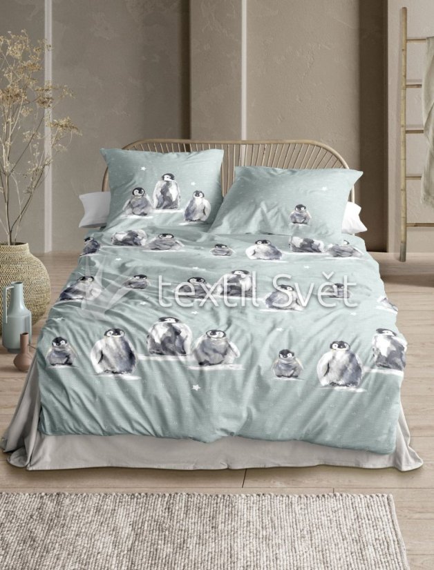 ložní souprava bavlněný flanel - flanel: tučňák mint